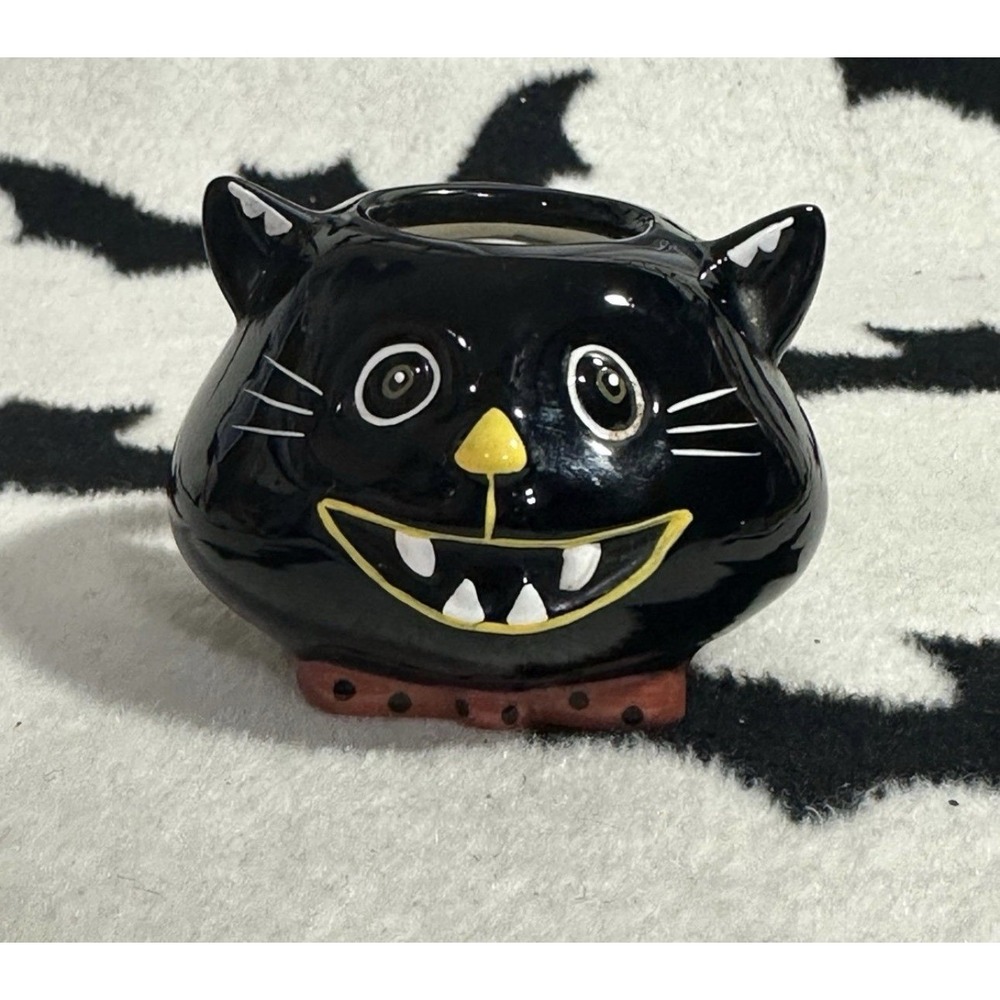 Black Cat Tea Light Halloween 2004 Ceramic Candle Holder